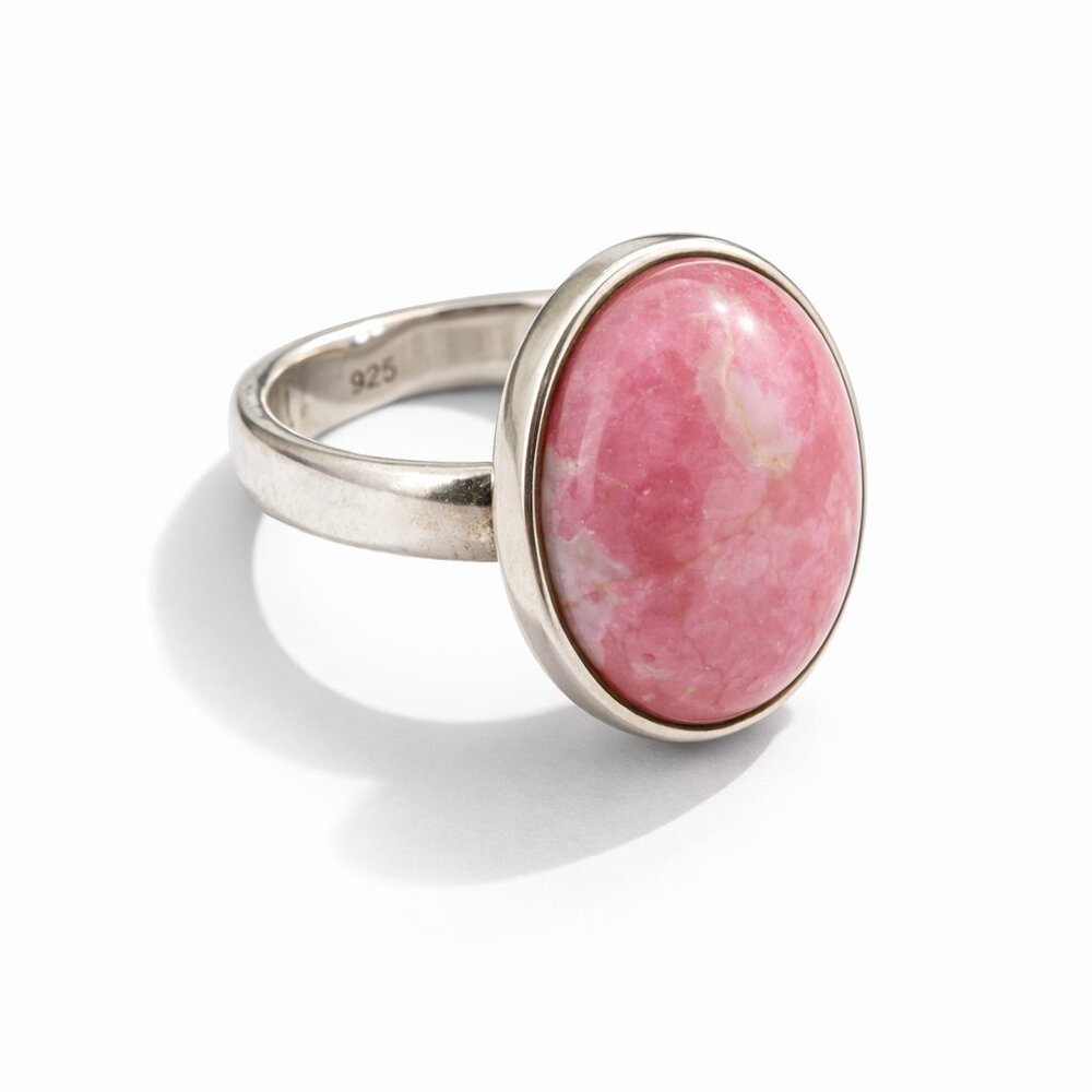 Sterling Silver Rhodochrosite Ring Pink Oval Cabochon Vintage Sz6 Statement